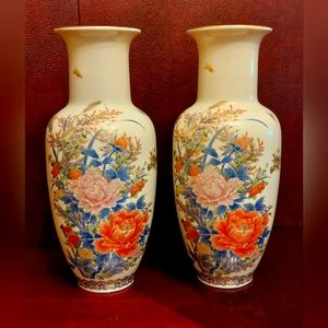 Pair of Vintage Asian Floral Design Vase with authentication mark 12" Height